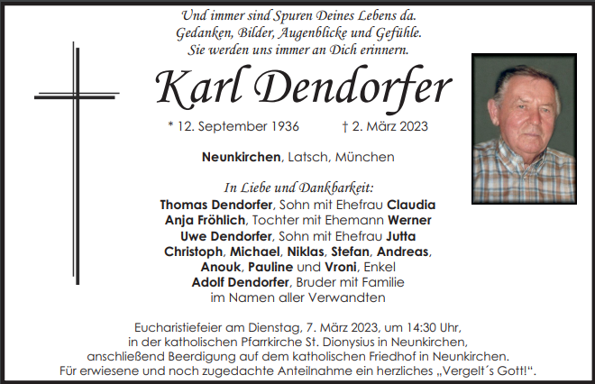 Traueranzeige Karl Dendorfer, Neunkirchen