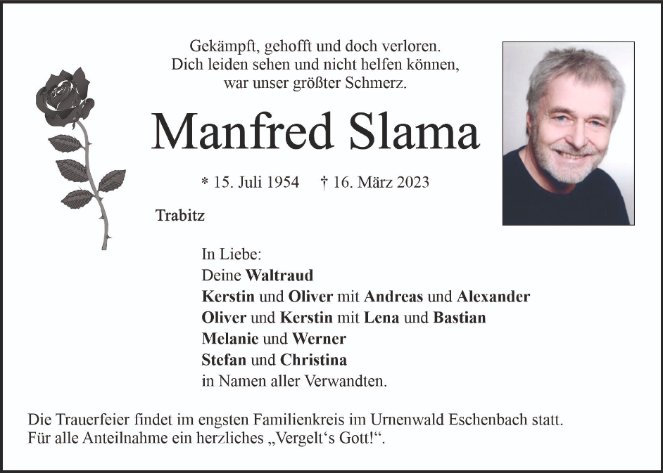 Traueranzeige Manfred Slama, Trabitz