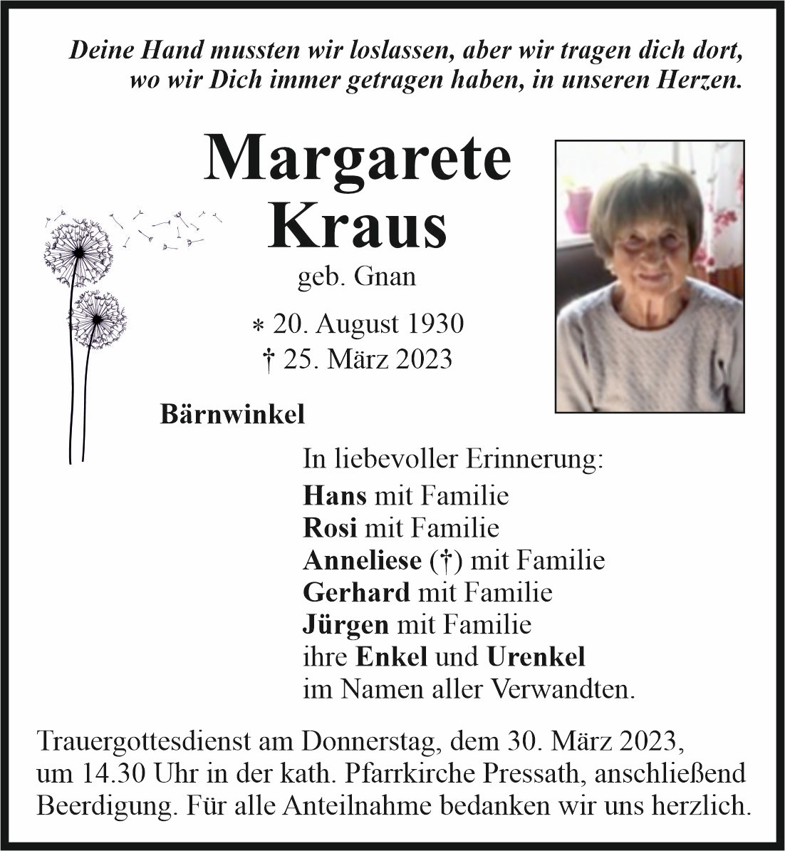 Traueranzeige Margarete Kraus, Bärnwinkel