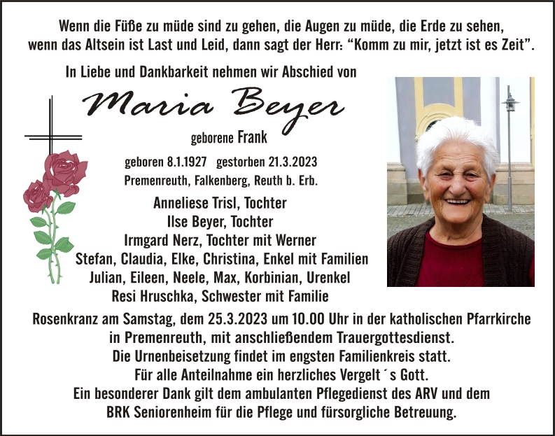 Traueranzeige Maria Beyer, Premenreuth