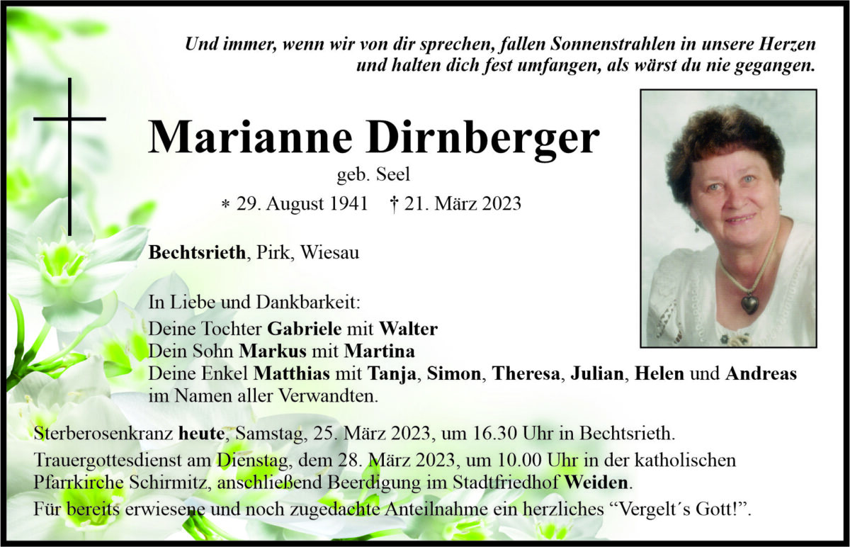 Traueranzeige Marianne Dirnberger, Bechtsrieth