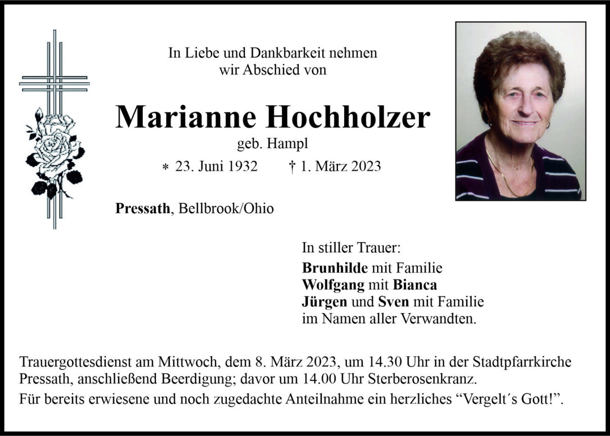Traueranzeige Marianne Hochholzer, Pressath
