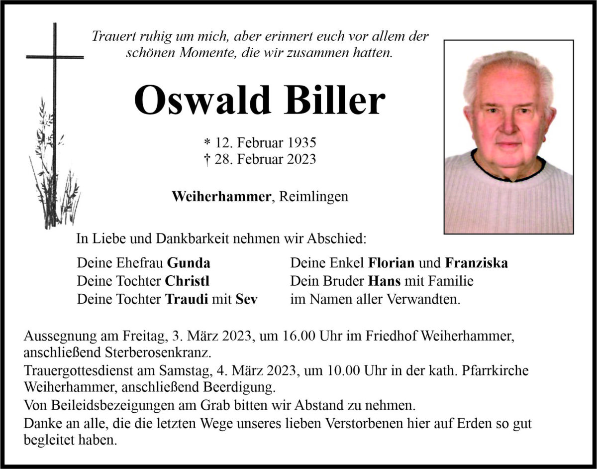 Traueranzeige Oswald Biller, Weiherhammer