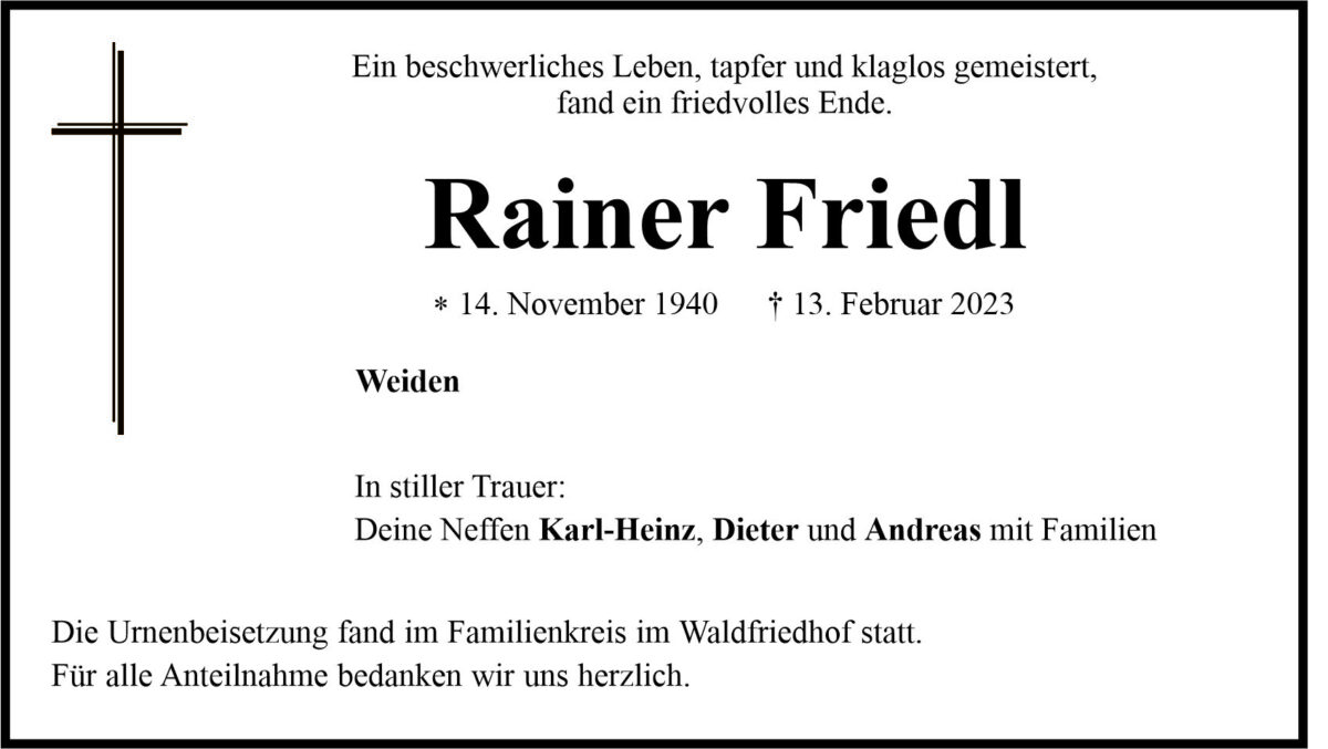 Traueranzeige Rainer Friedl, Weiden