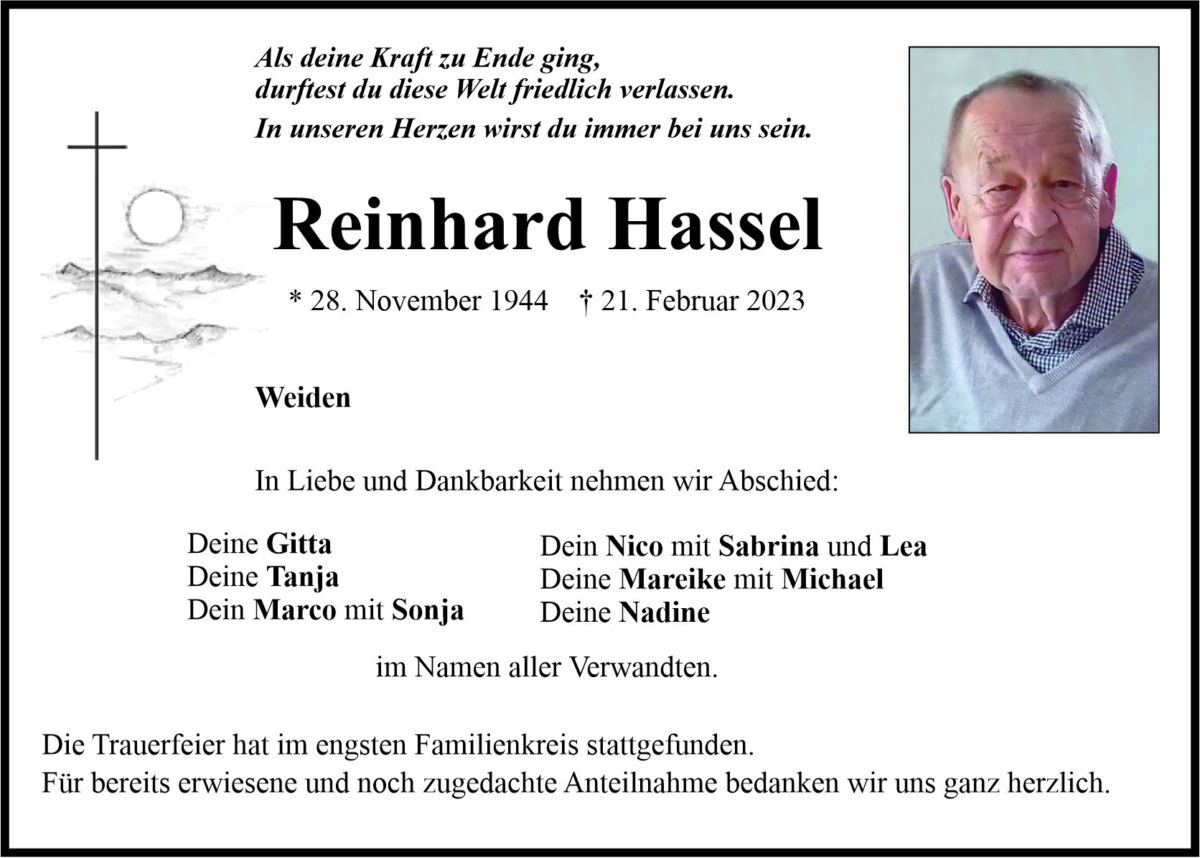 Traueranzeige Reinhard Hassel, Weiden