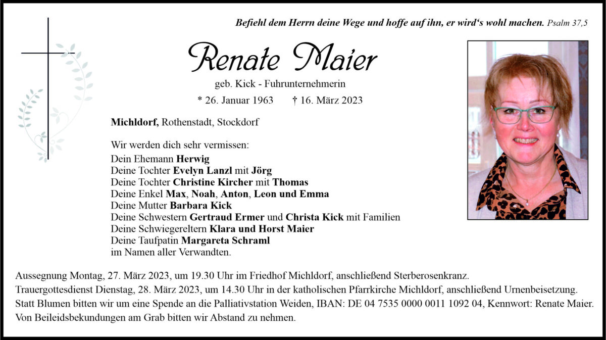 Traueranzeige Renate Maier, Michldorf