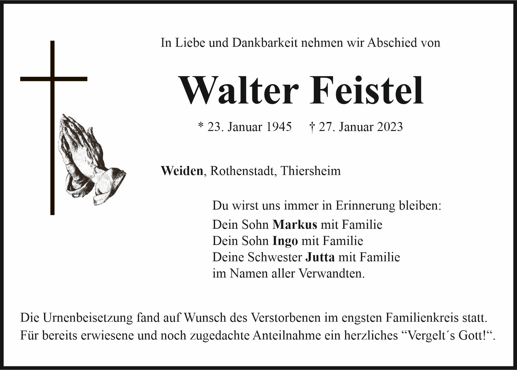Traueranzeige Walter Feistel, Weiden