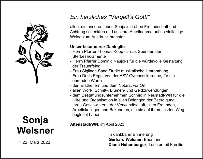 Danksagung Sonja Welsner, Altenstadt/WN