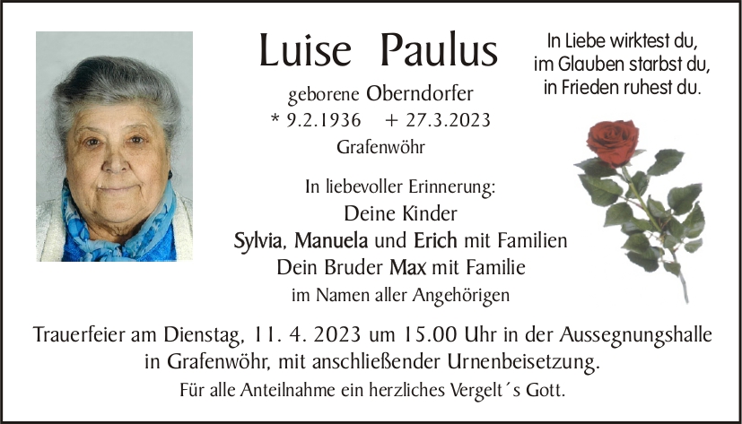 Traueranzeige Luise Paulus, Grafenwöhr