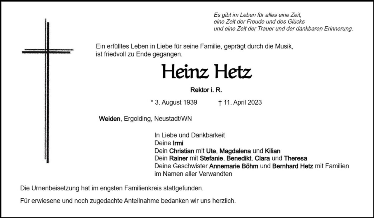 Traueranzeige Heinz Hetz, Weiden