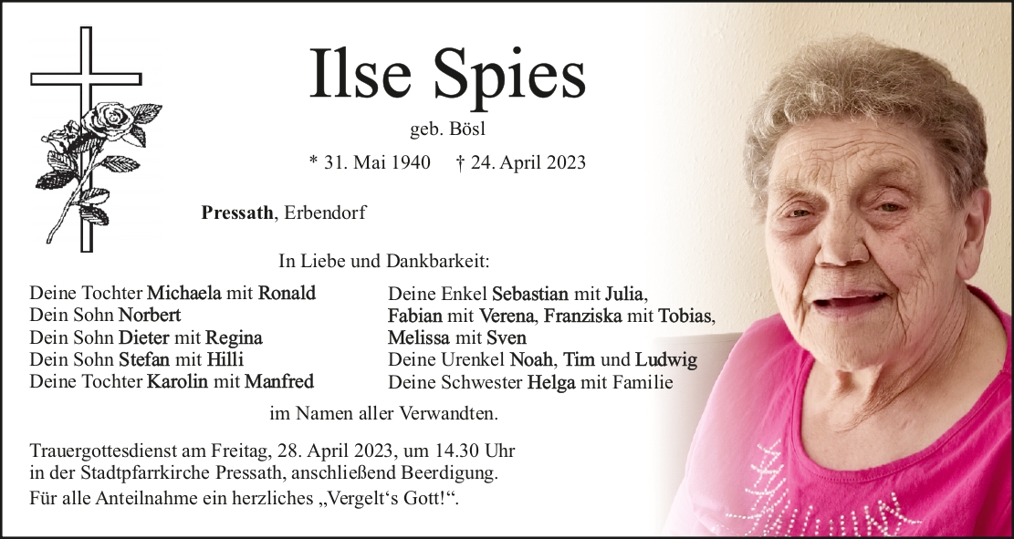 Traueranzeige Ilse Spies, Pressath