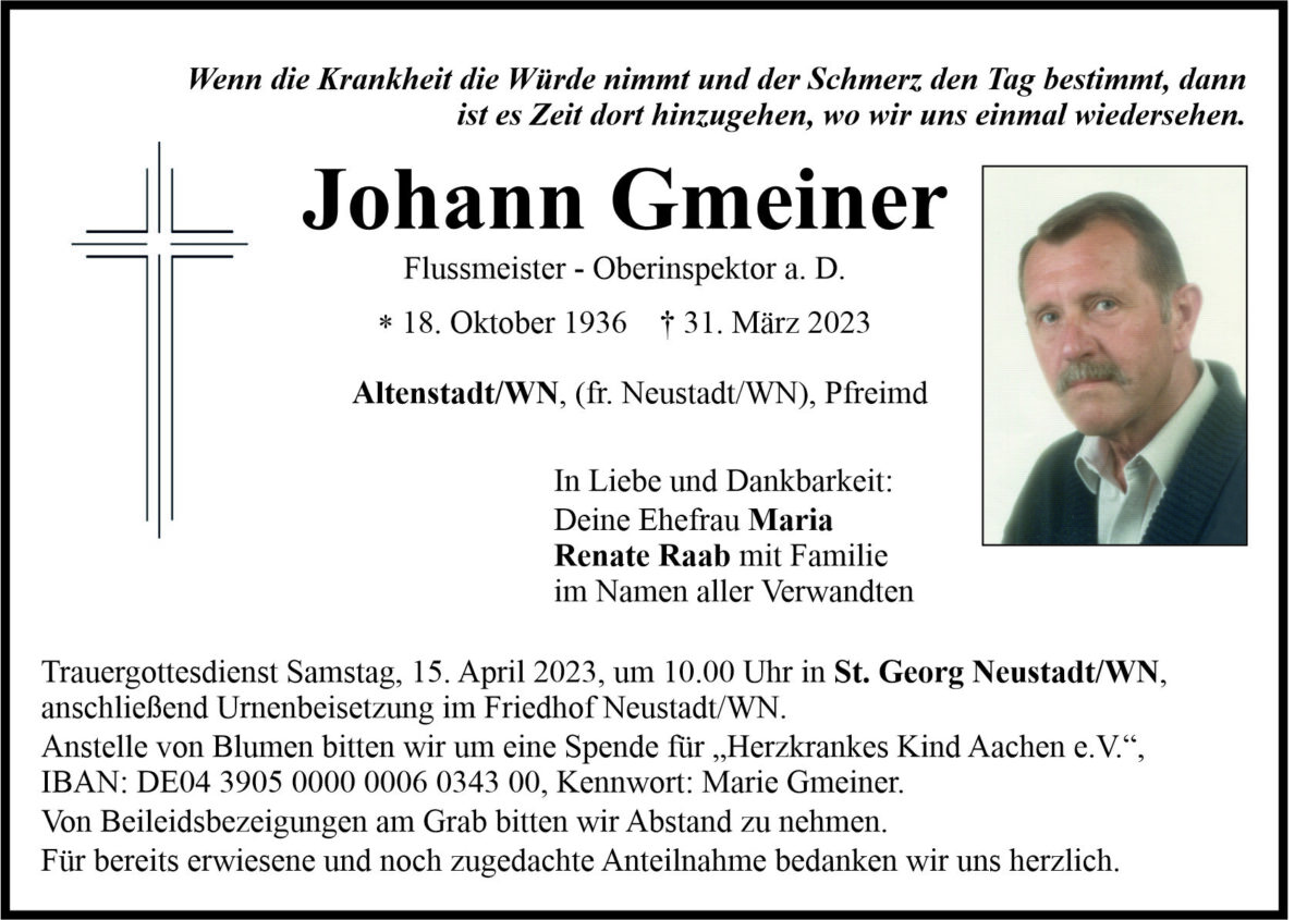 Traueranzeige Johann Gmeiner, Altenstadt/WN