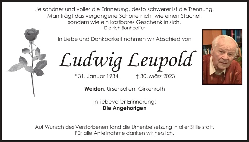 Traueranzeige Leupold Ludwig, Weiden