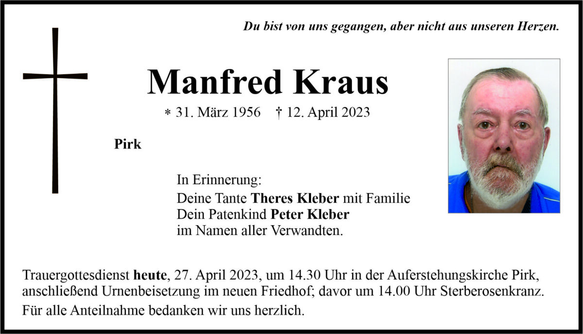 Traueranzeige Manfred Kraus, Pirk