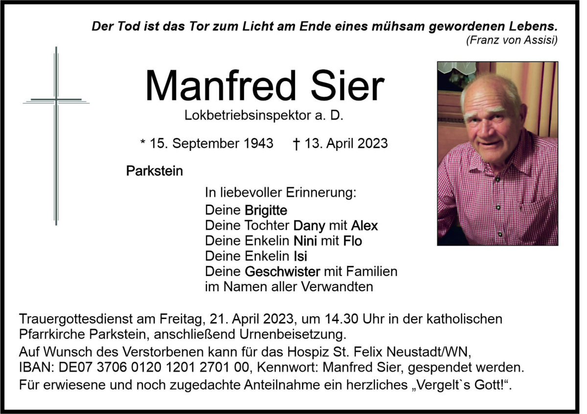 Traueranzeige Manfred Sier, Parkstein