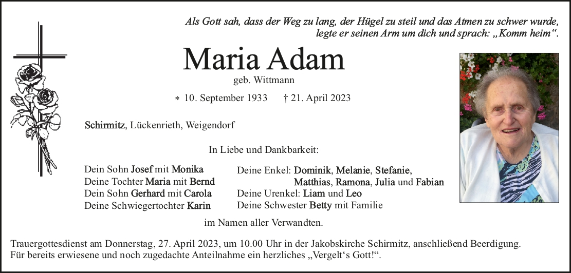 Traueranzeige Maria Adam, Schirmitz