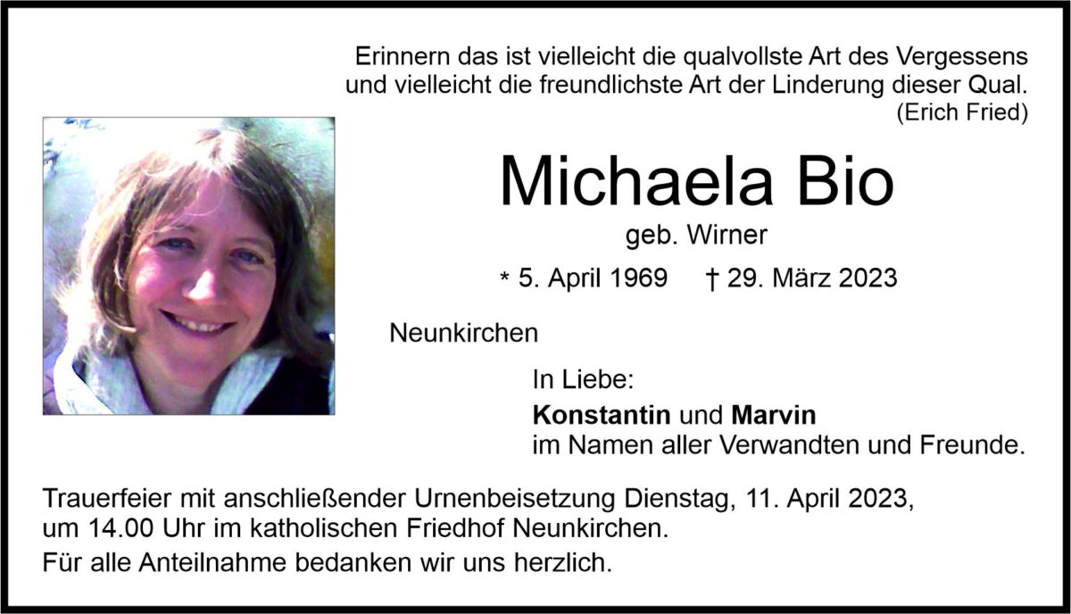 Traueranzeige Michaela Bio, Neunkirchen