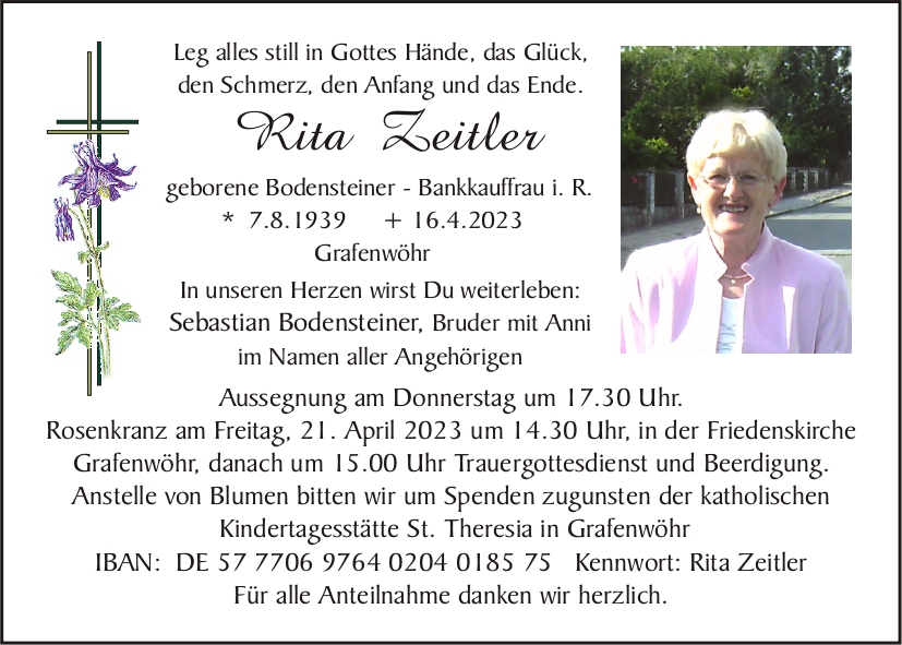 Traueranzeige Rita Zeitler, Grafenwöhr