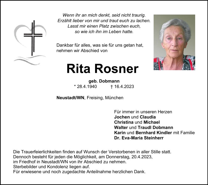 Traueranzeige Rita Rosner, Neustadt/WN