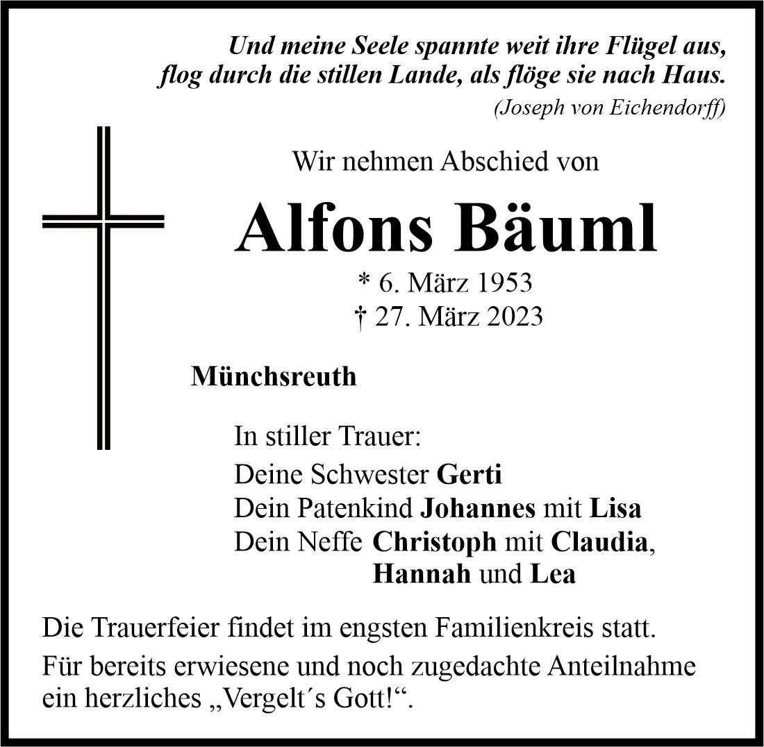 Traueranzeige Alfons Bäuml, Münchsreuth