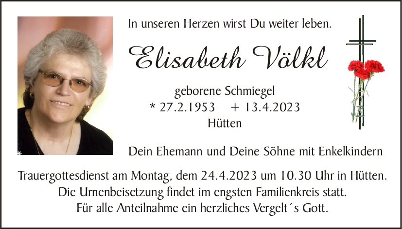 Traueranzeige Elisabeth Völkl, Hütten