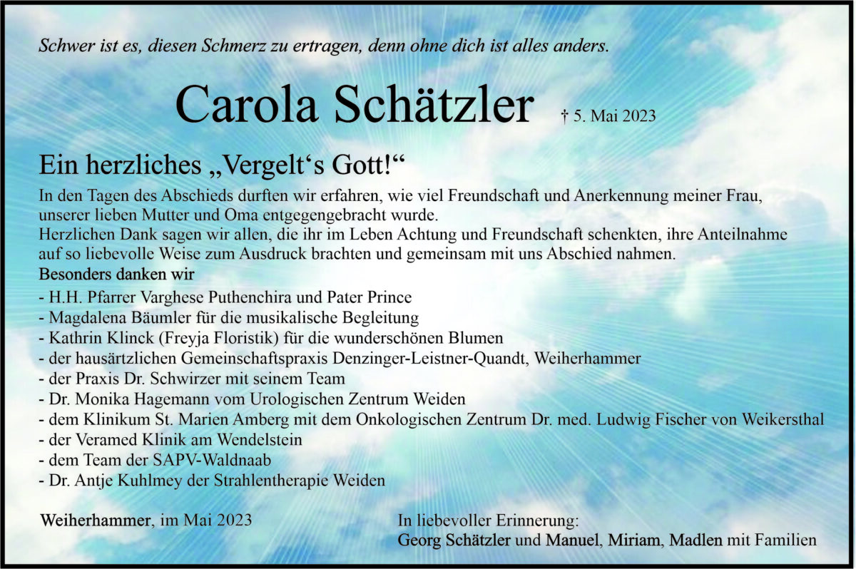 Danksagung Carola Schätzler, Weierhammer