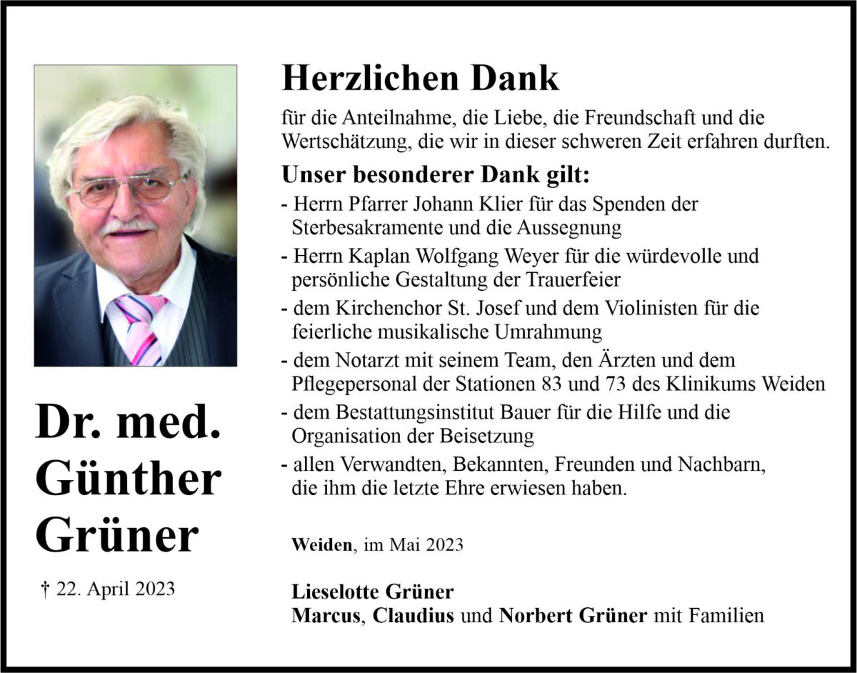 Danksagung Dr. med. Günther Grüner, Weiden