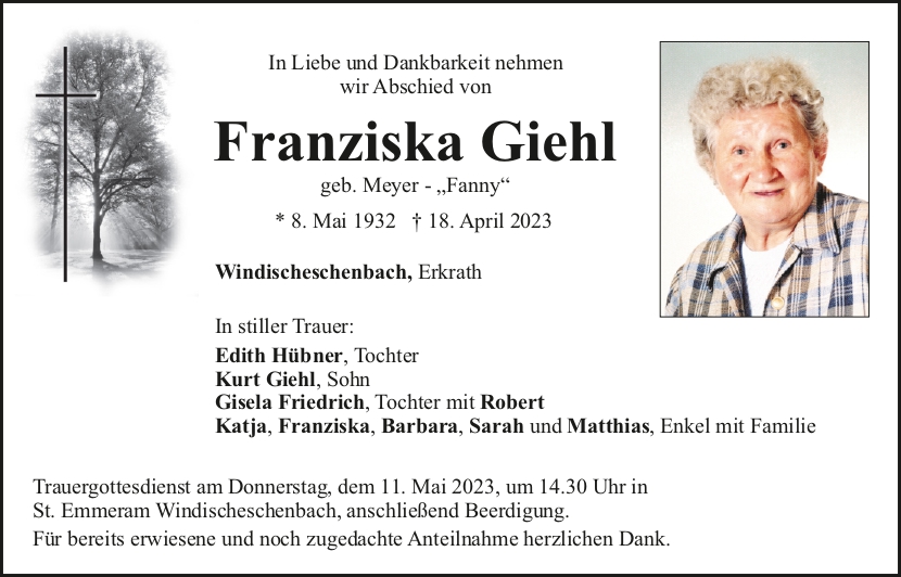 Traueranzeige Franziska Giehl, Windischeschenbach