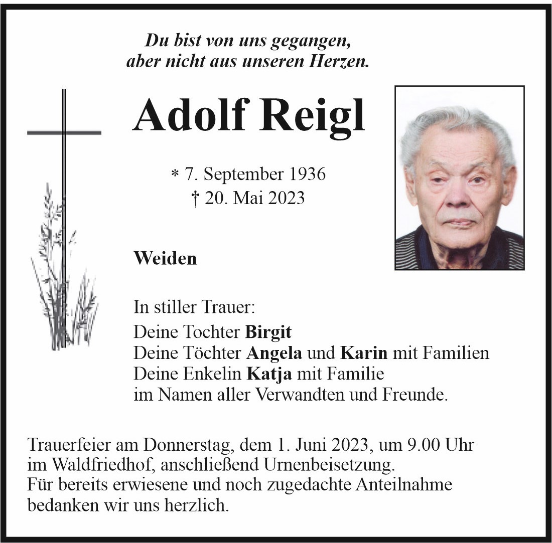 Traueranzeige Adolf Reigl, Weiden