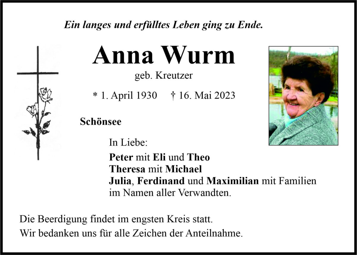 Traueranzeige Anna Wurm, Schönsee
