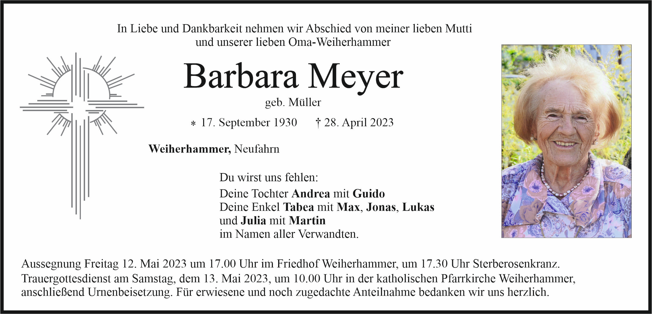 Traueranzeige Barbara Meyer, Weiherhammer