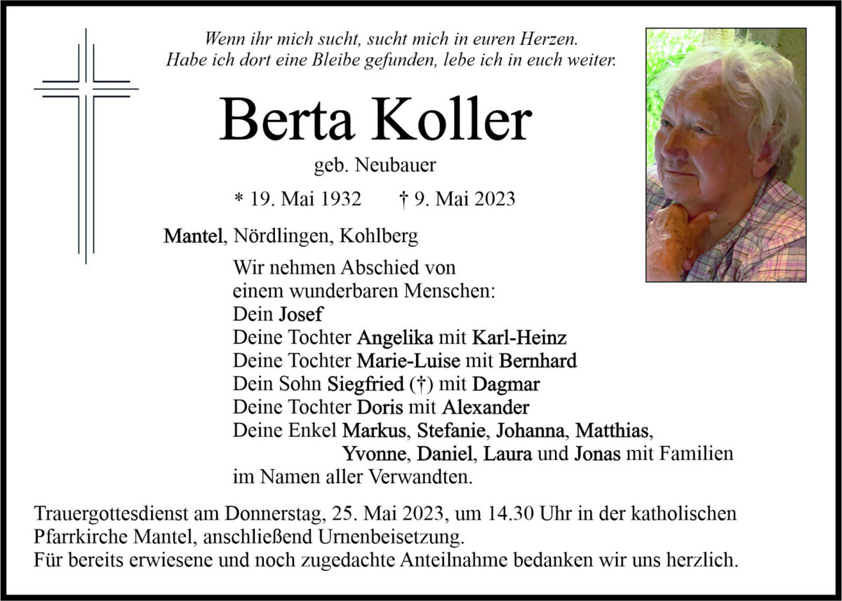 Traueranzeige Berta Koller, Mantel