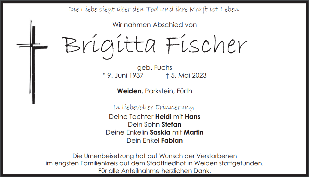 Traueranzeige Brigitta Fischer, Weiden