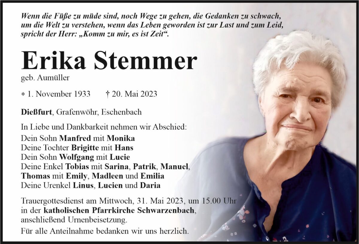 Traueranzeige Erika Stemmer, Dießfurt