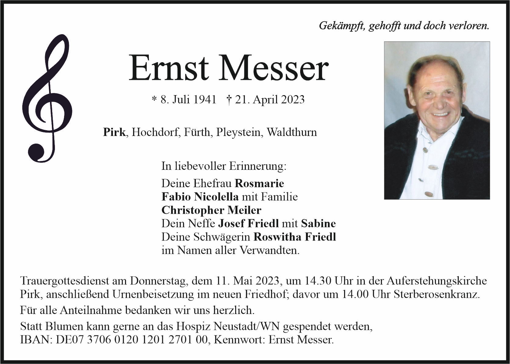 Traueranzeige Ernst Messer, Pirk