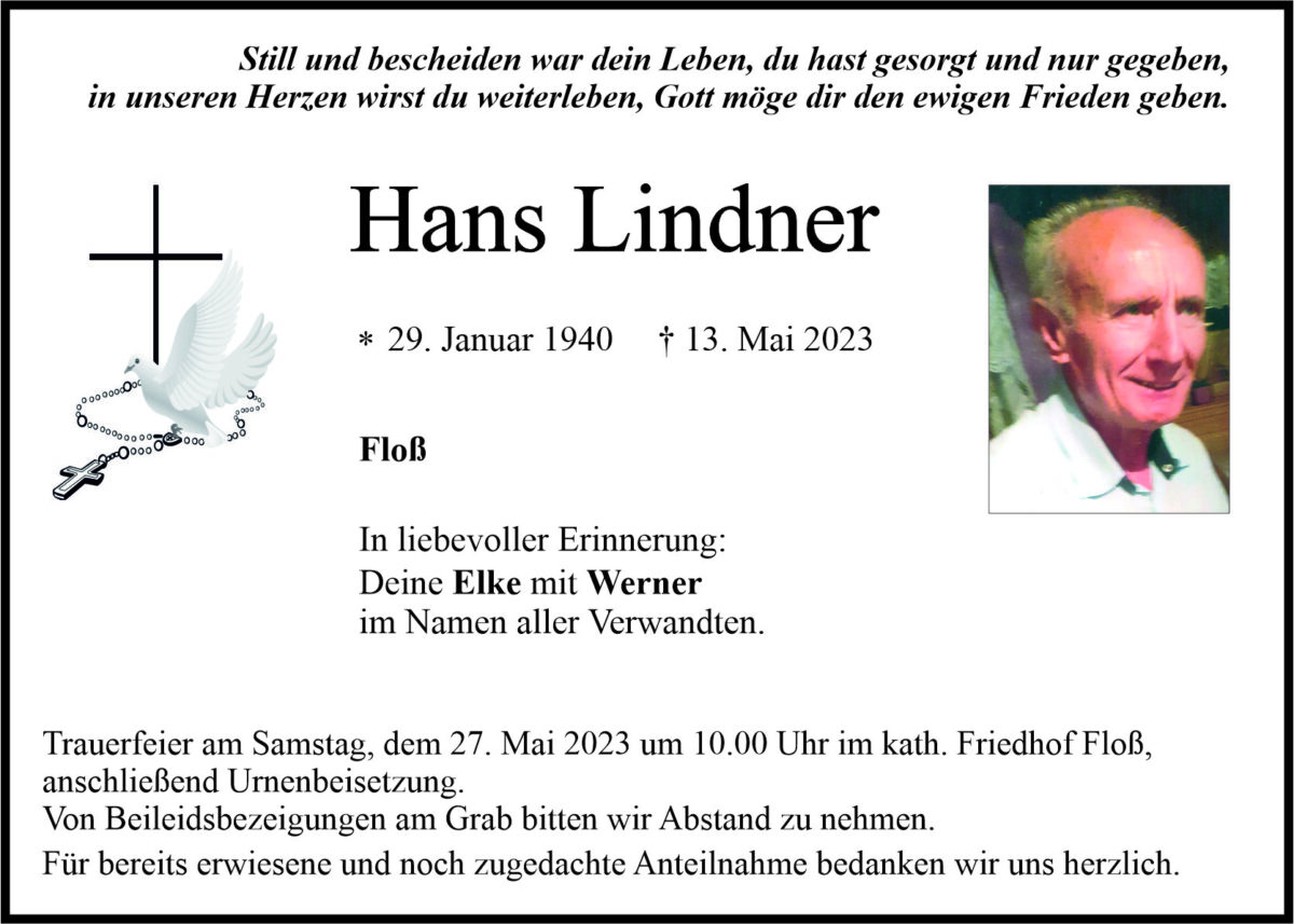 Traueranzeige Hans Lindner, Floß