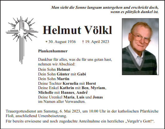 Traueranzeige Helmut Völkl, Plankenhammer