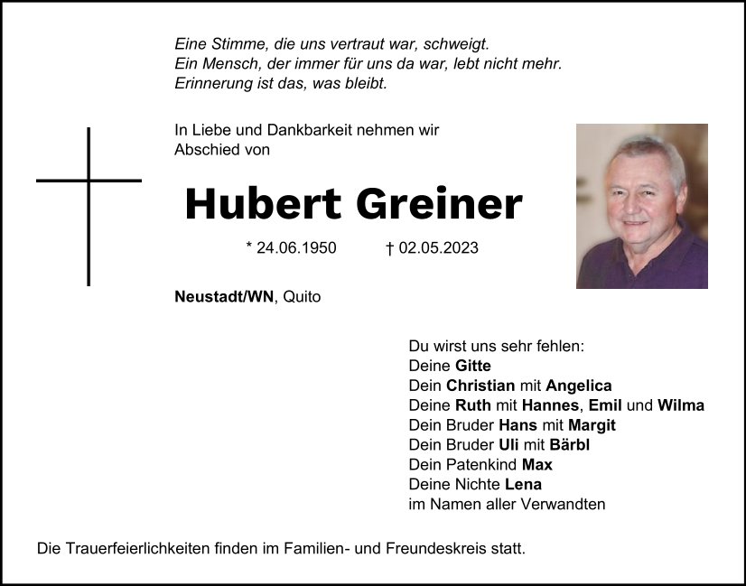 Traueranzeige Hubert Greiner, Neustadt/WN