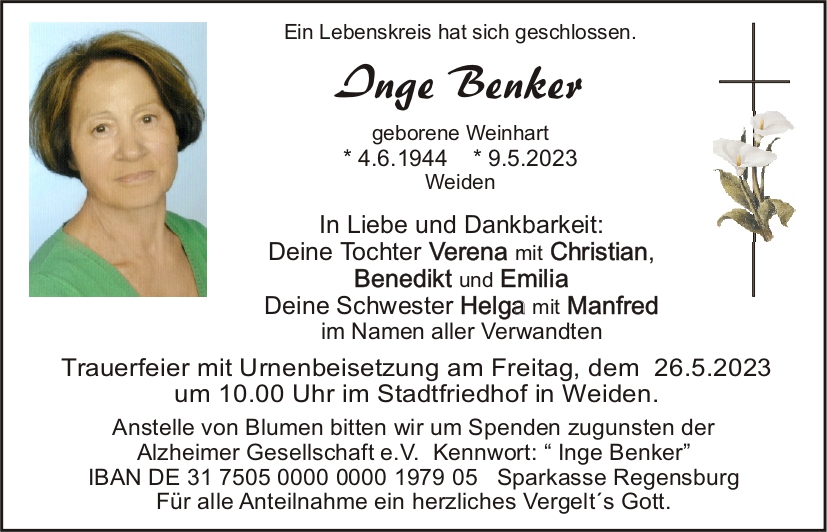Traueranzeige Inge Benker, Weiden