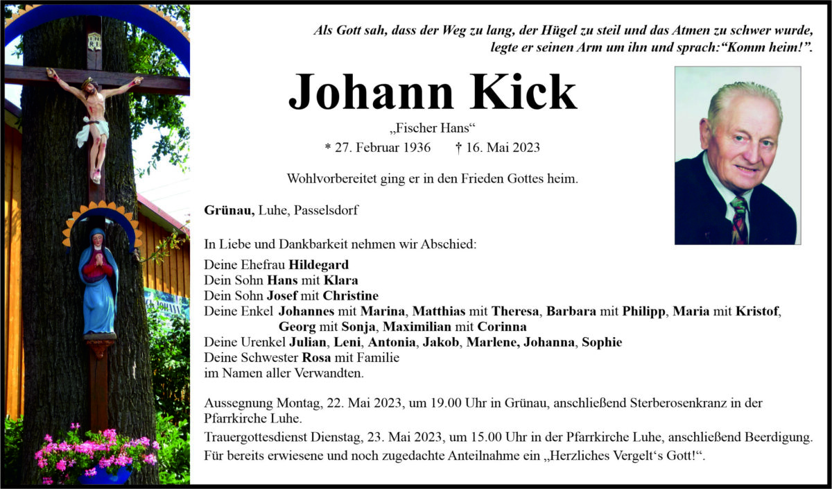 Traueranzeige Johann Kick, Grünau