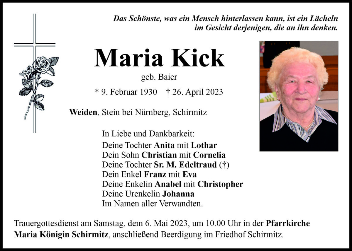 Traueranzeige Maria Kick, Weiden
