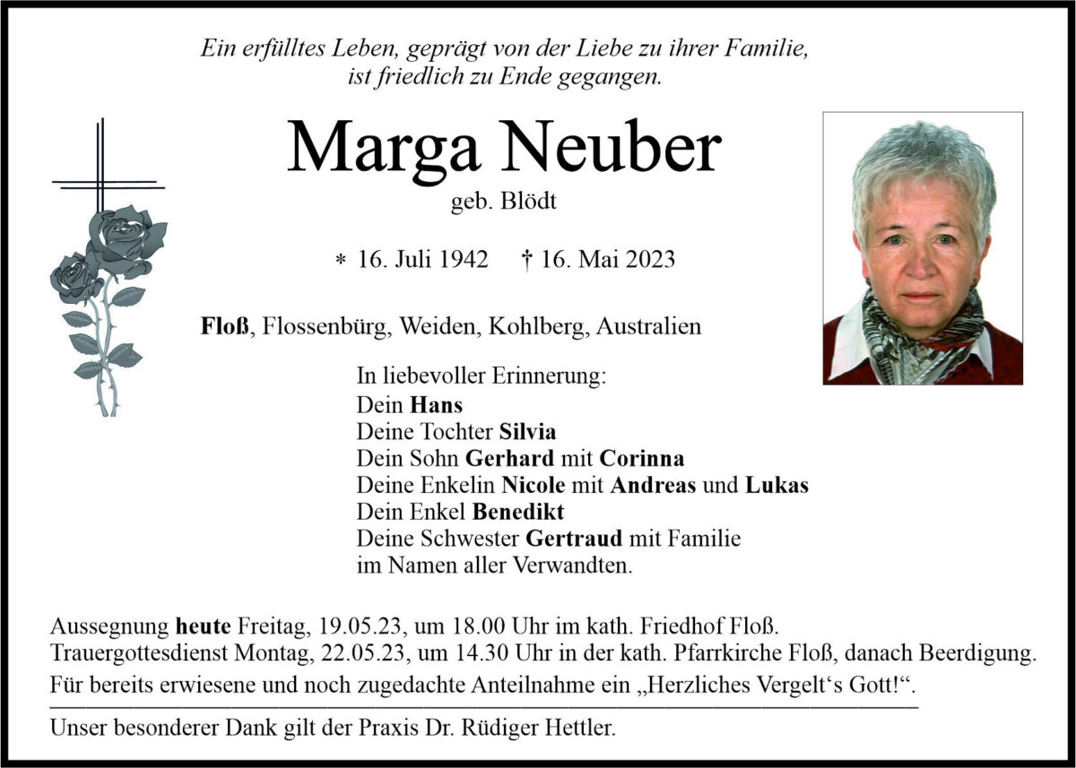 Traueranzeige Marga Neuber, Floß