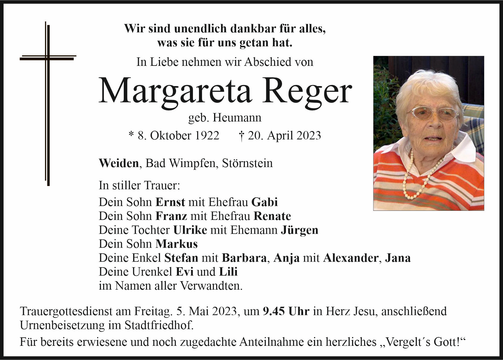Traueranzeige Margareta Reger, Weiden