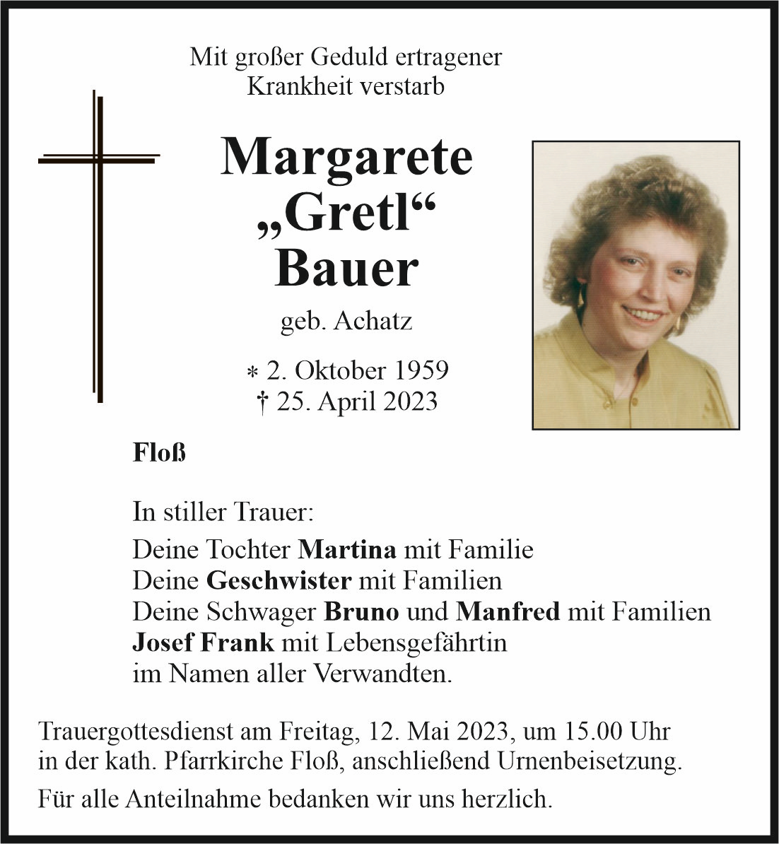 Traueranzeige Margarete „Gretl“ Bauer, Floß