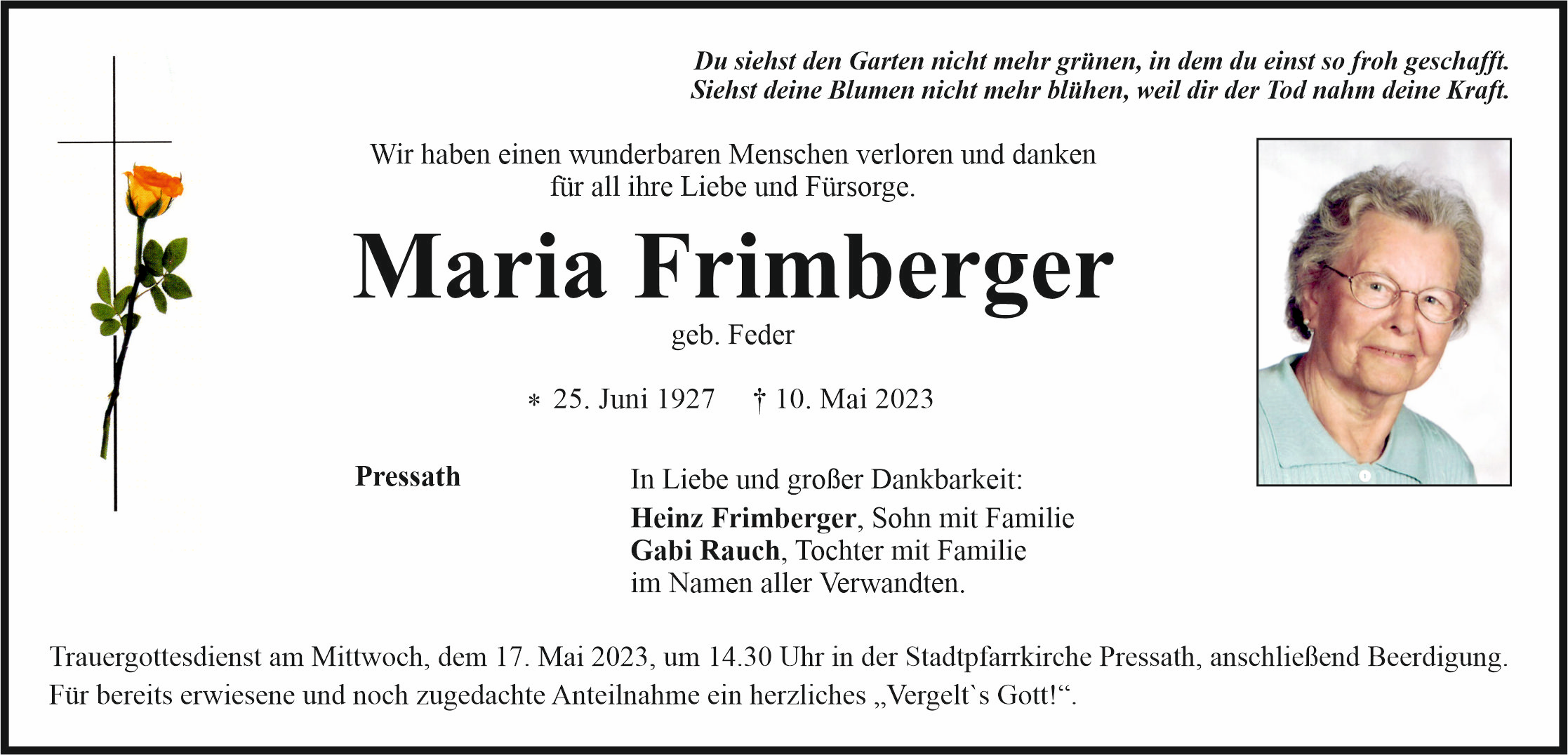 Traueranzeige Maria Frimberger, Pressath