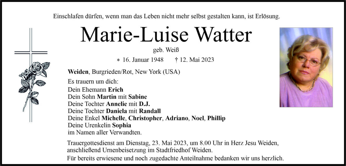 Traueranzeige Marie-Luise Watter, Weiden