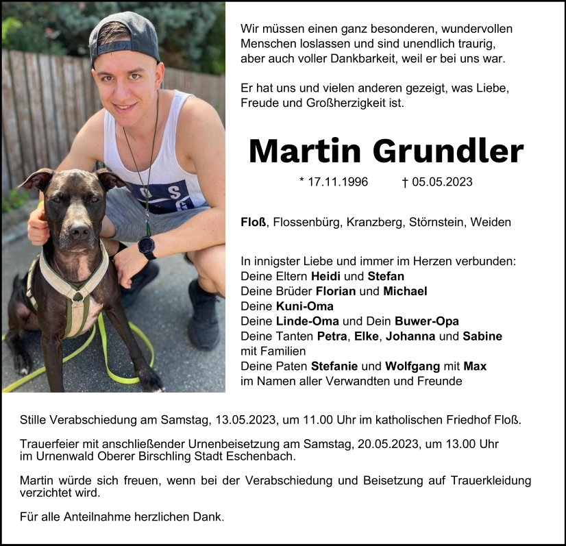 Traueranzeige Martin Grundler, Floß