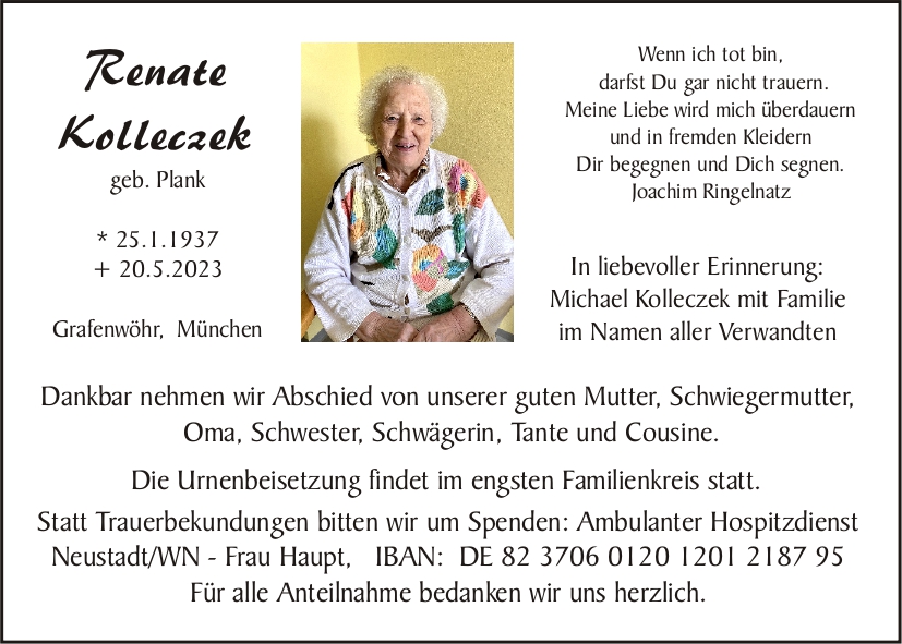 Traueranzeige Renate Kolleczek, Grafenwöhr
