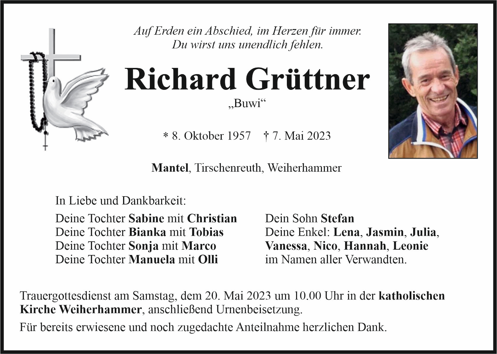 Traueranzeige Richard Grüttner, Mantel