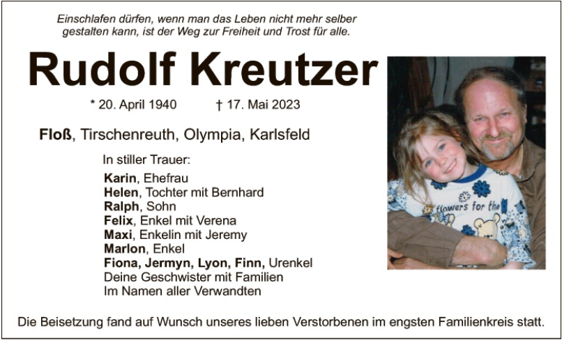 Traueranzeige Rudolf Kreutzer, Floß